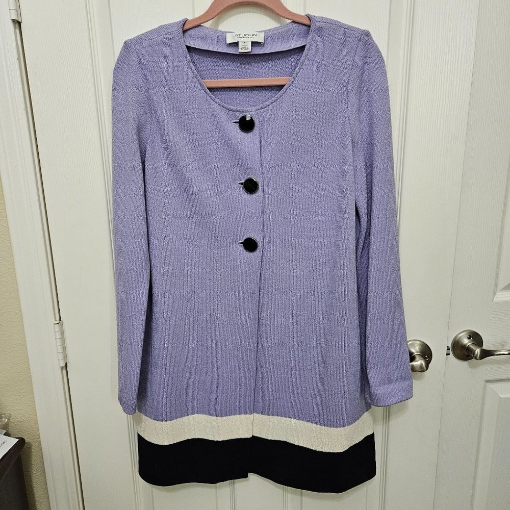 St. John Lavender Purple Knit Cardigan with Black and Cream Trim